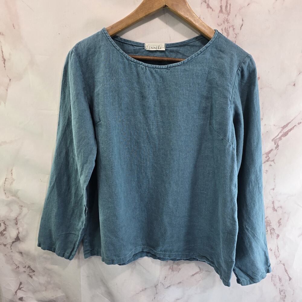 Vtacatko Shirt Womens Medium Blue Linen Long Sleeve Slow Fashion Nest Of Linen